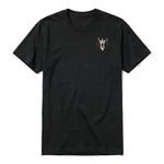 A black short-sleeve crewneck t-shirt for adult featuring a graphic of a cat on the left chest.