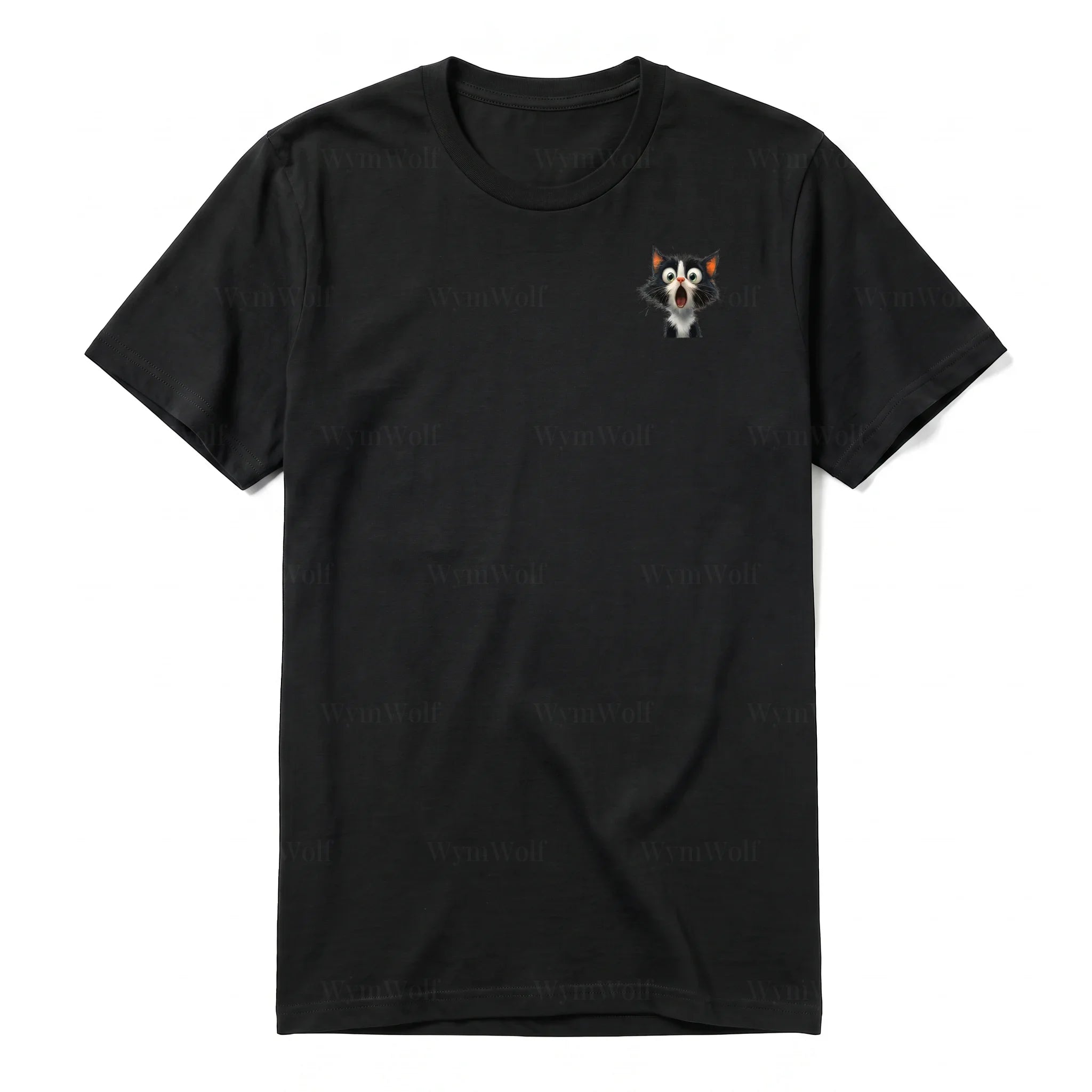 A black short-sleeve crewneck t-shirt for adult featuring a graphic of a cat on the left chest.