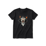 A black short-sleeve crewneck t-shirt for youth featuring a graphic of a cat on the front.