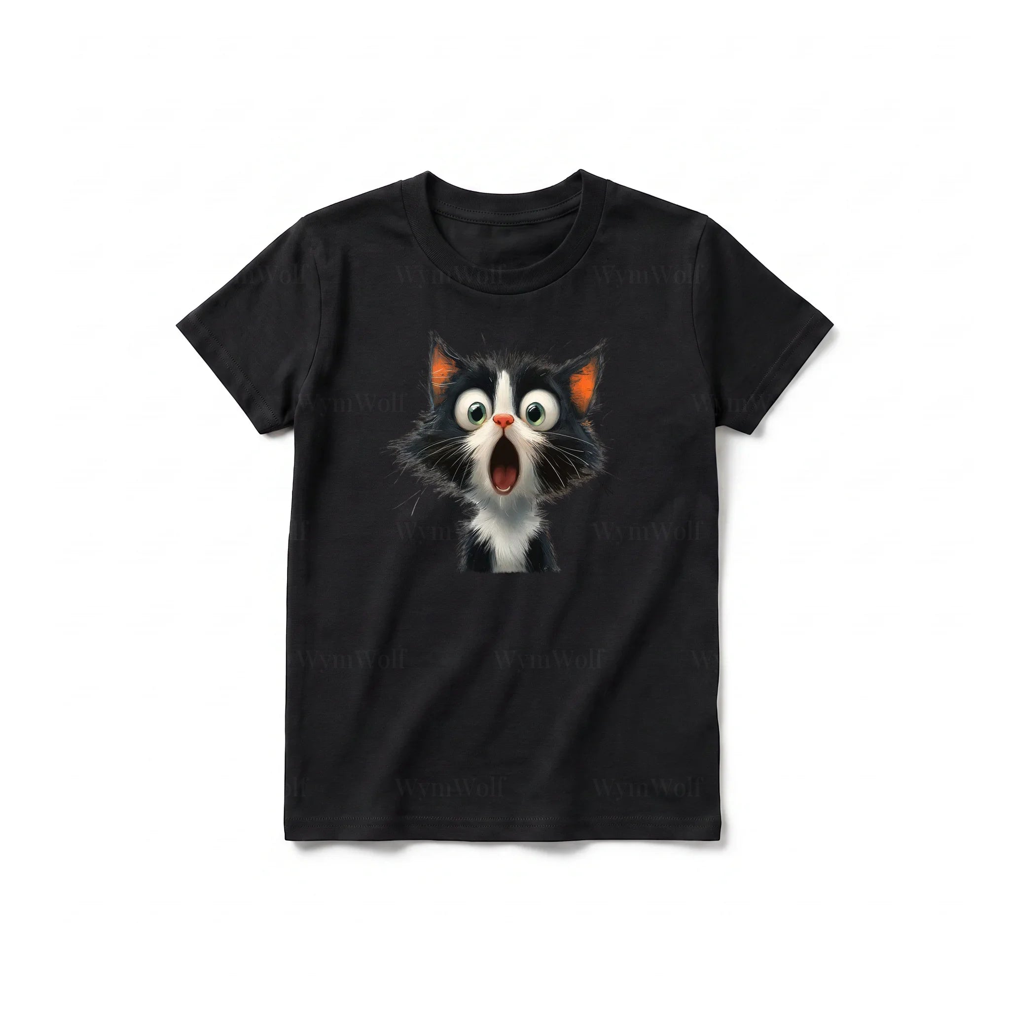 A black short-sleeve crewneck t-shirt for youth featuring a graphic of a cat on the front.