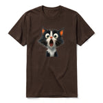 A chocolate short-sleeve crewneck t-shirt for adult featuring a graphic of a cat on the front.