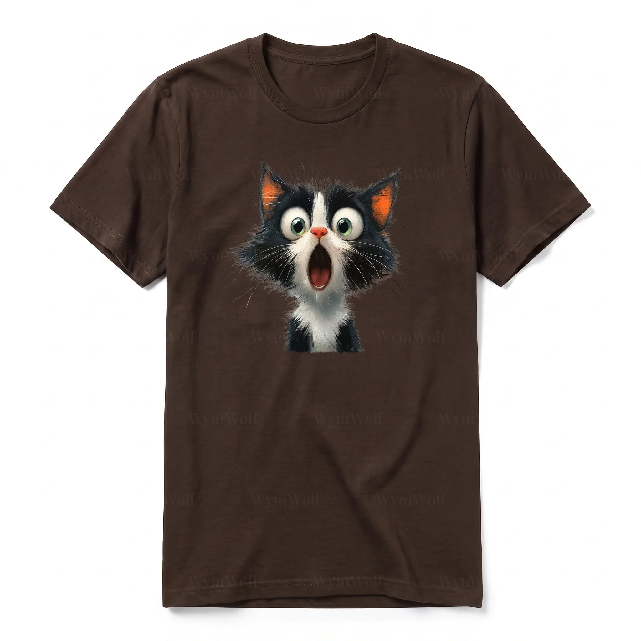 A chocolate short-sleeve crewneck t-shirt for adult featuring a graphic of a cat on the front.