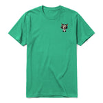 A kelly short-sleeve crewneck t-shirt for adult featuring a graphic of a cat on the left chest.