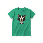 A kelly short-sleeve crewneck t-shirt for youth featuring a graphic of a cat on the front.