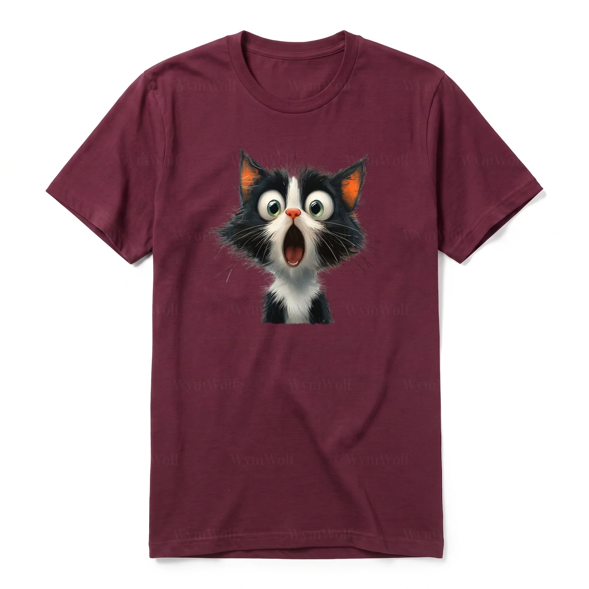 A maroon short-sleeve crewneck t-shirt for adult featuring a graphic of a cat on the front.