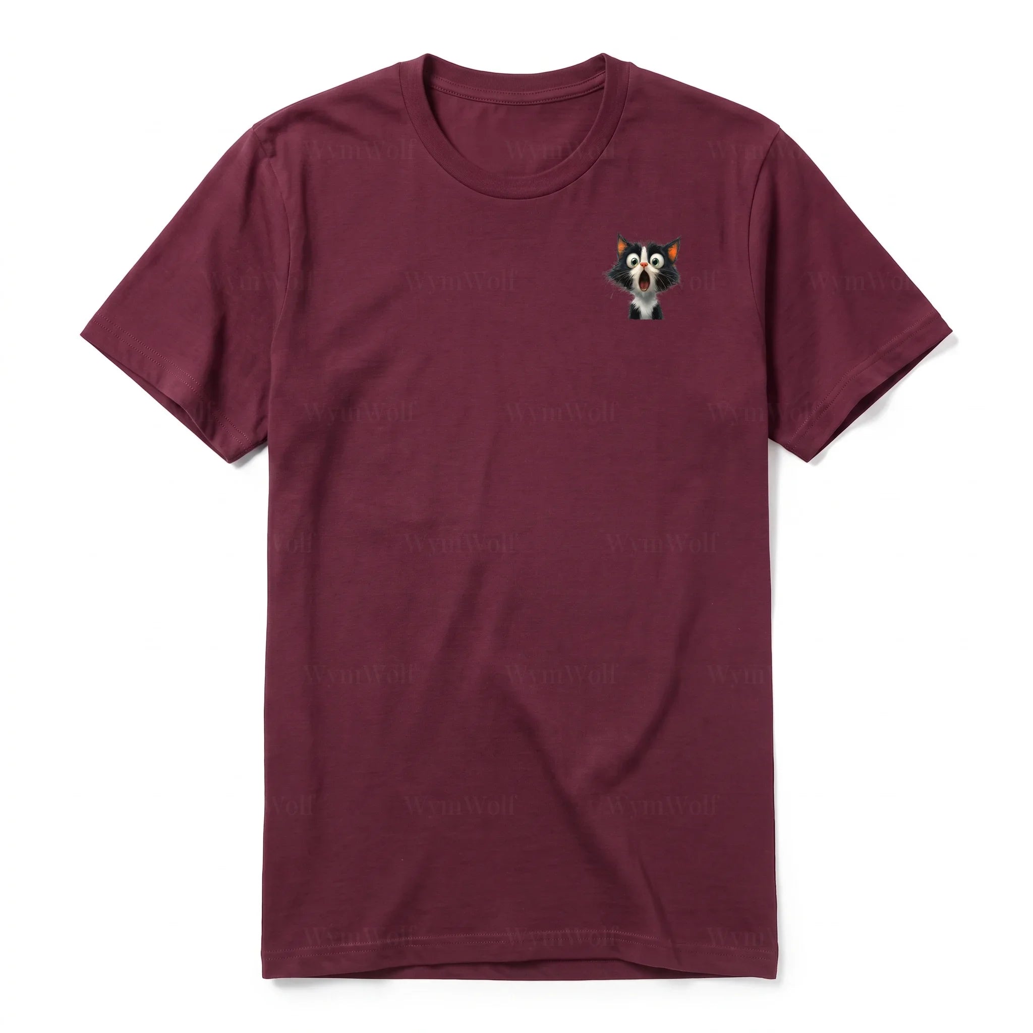 A maroon short-sleeve crewneck t-shirt for adult featuring a graphic of a cat on the left chest.
