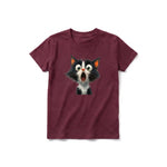 A maroon short-sleeve crewneck t-shirt for youth featuring a graphic of a cat on the front.