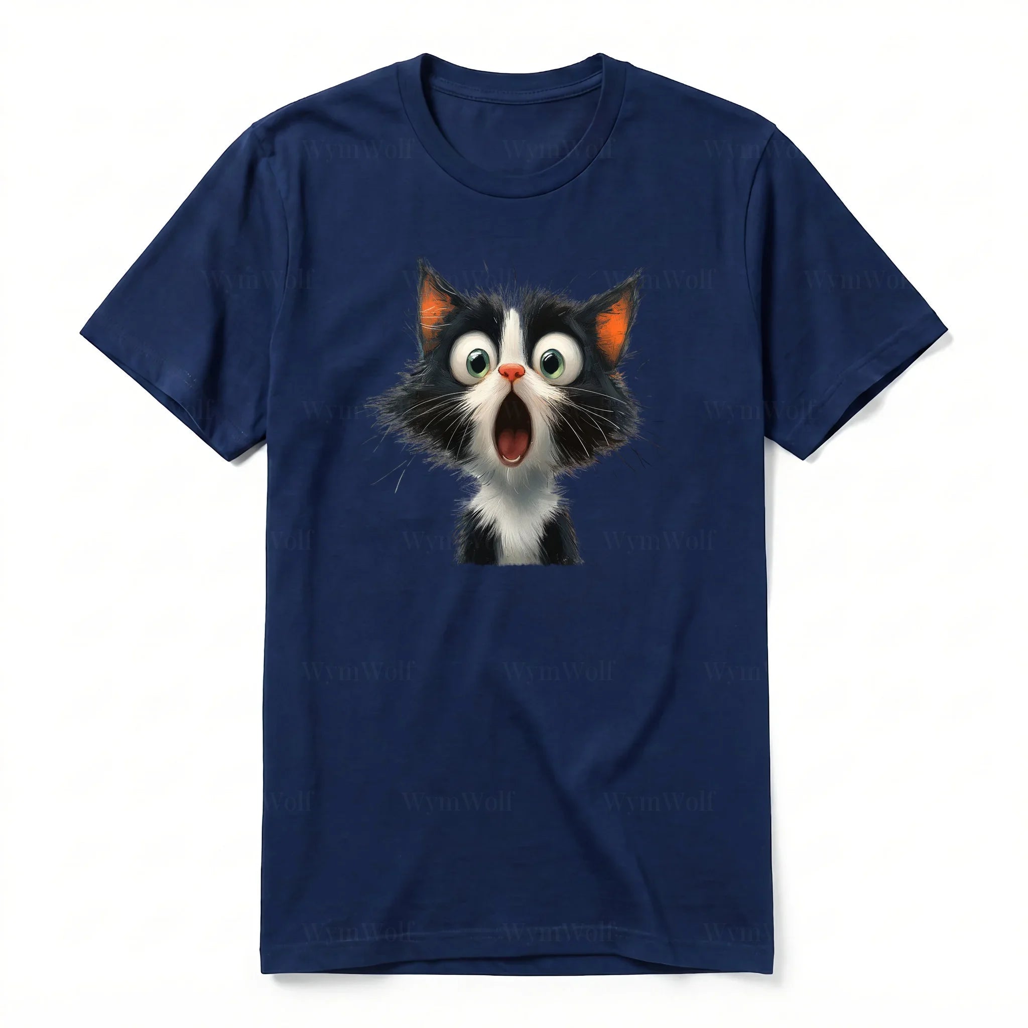 A navy short-sleeve crewneck t-shirt for adult featuring a graphic of a cat on the front.