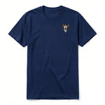 A navy short-sleeve crewneck t-shirt for adult featuring a graphic of a cat on the left chest.