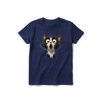 A navy short-sleeve crewneck t-shirt for youth featuring a graphic of a cat on the front.