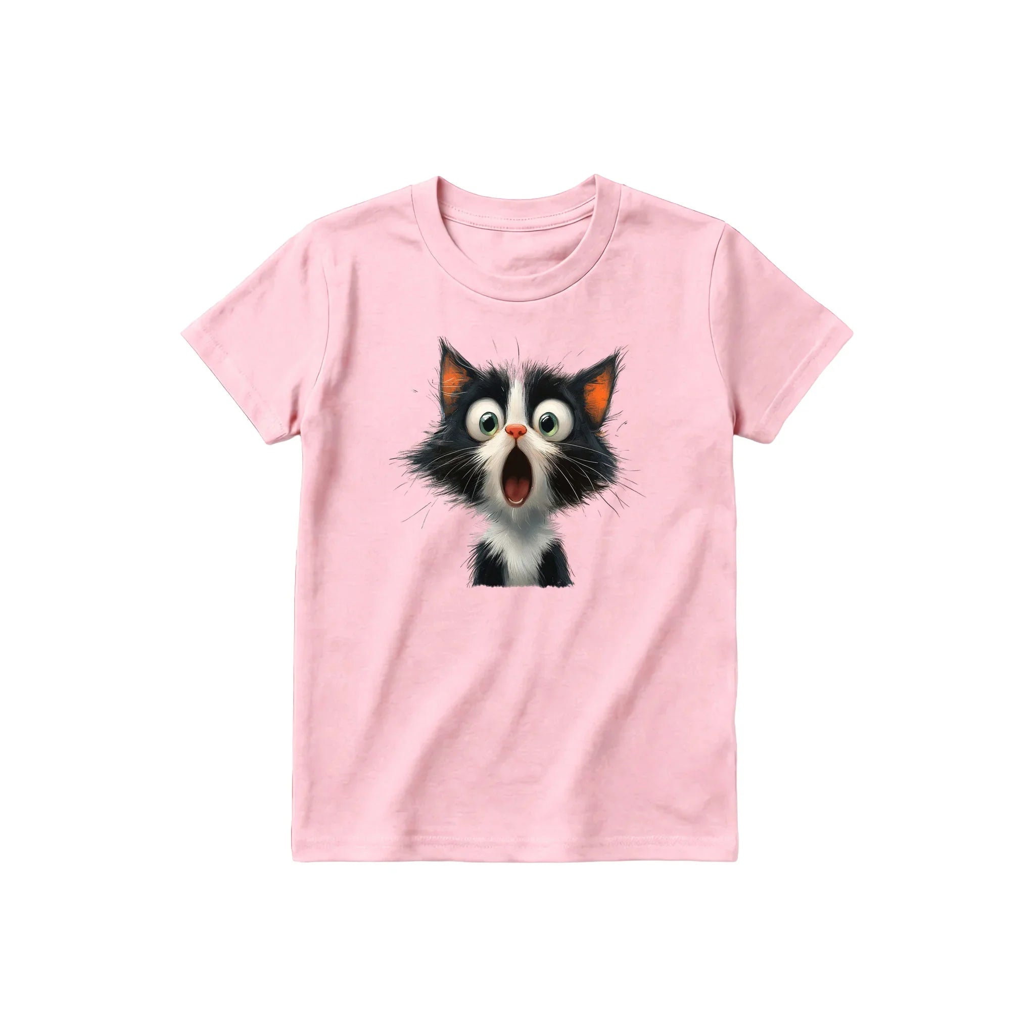 A pink short-sleeve crewneck t-shirt for youth featuring a graphic of a cat on the front.