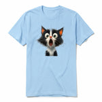 A powder short-sleeve crewneck t-shirt for adult featuring a graphic of a cat on the front.