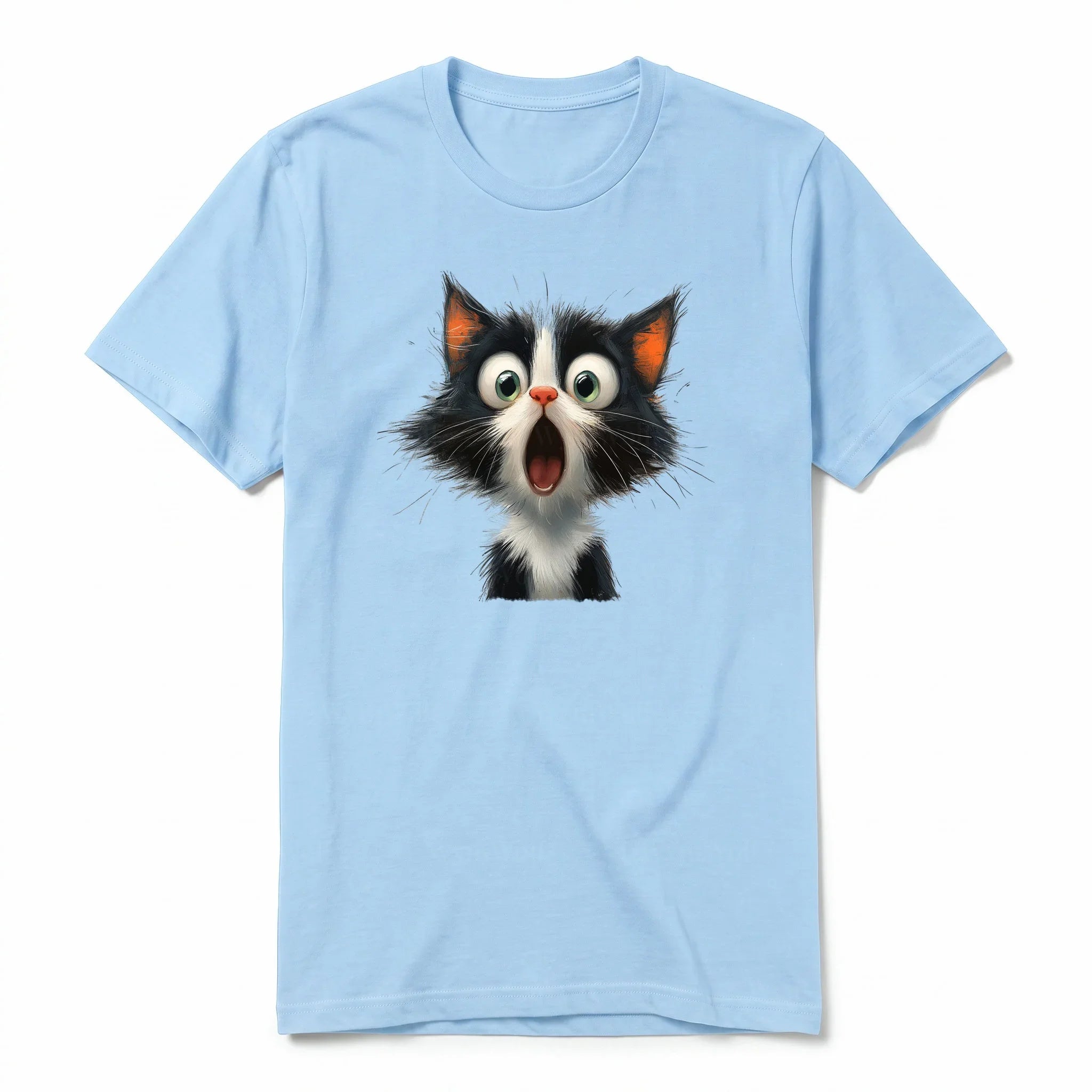 A powder short-sleeve crewneck t-shirt for adult featuring a graphic of a cat on the front.