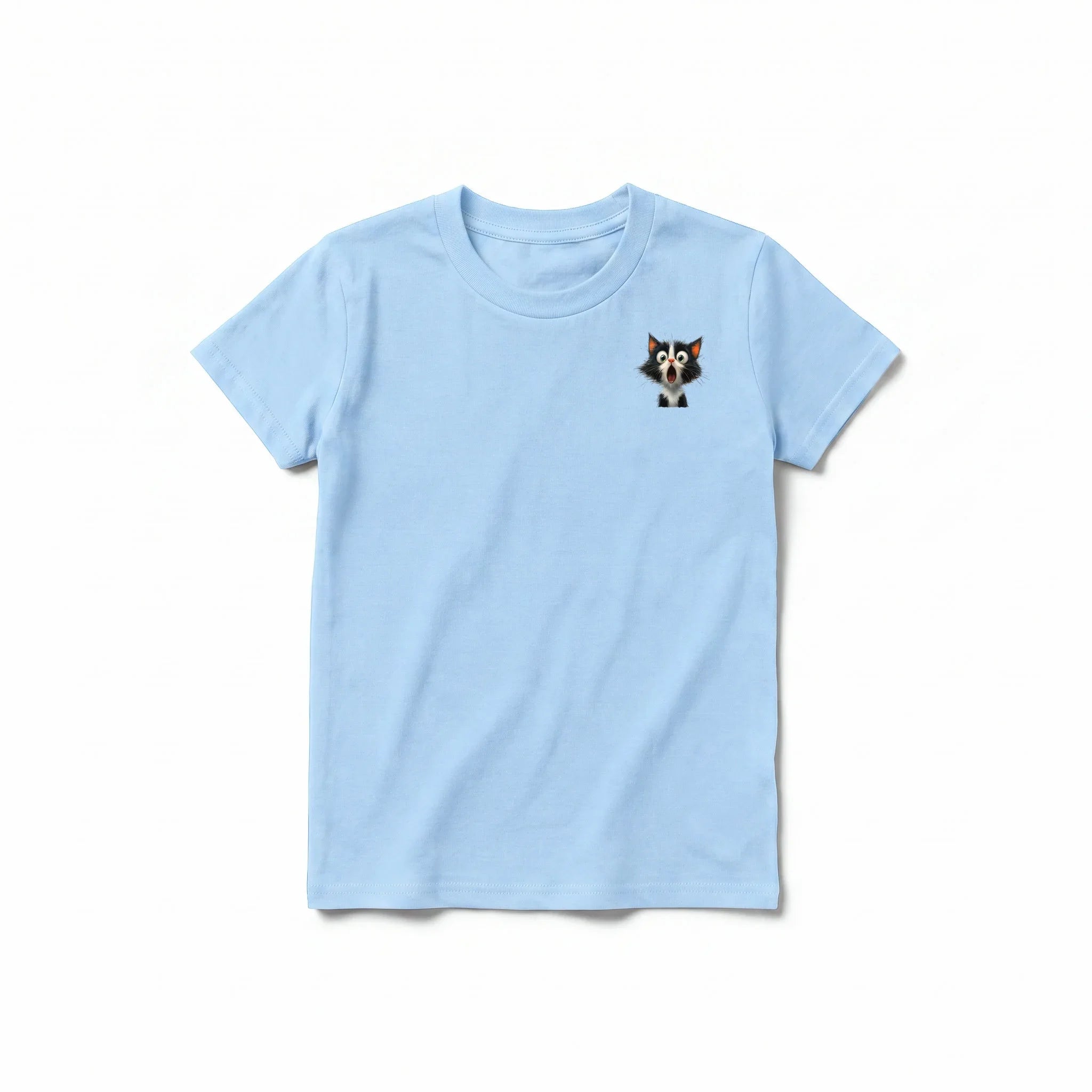 A powder short-sleeve crewneck t-shirt for youth featuring a graphic of a cat on the left chest.