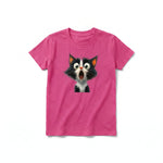 A raspberry short-sleeve crewneck t-shirt for youth featuring a graphic of a cat on the front.
