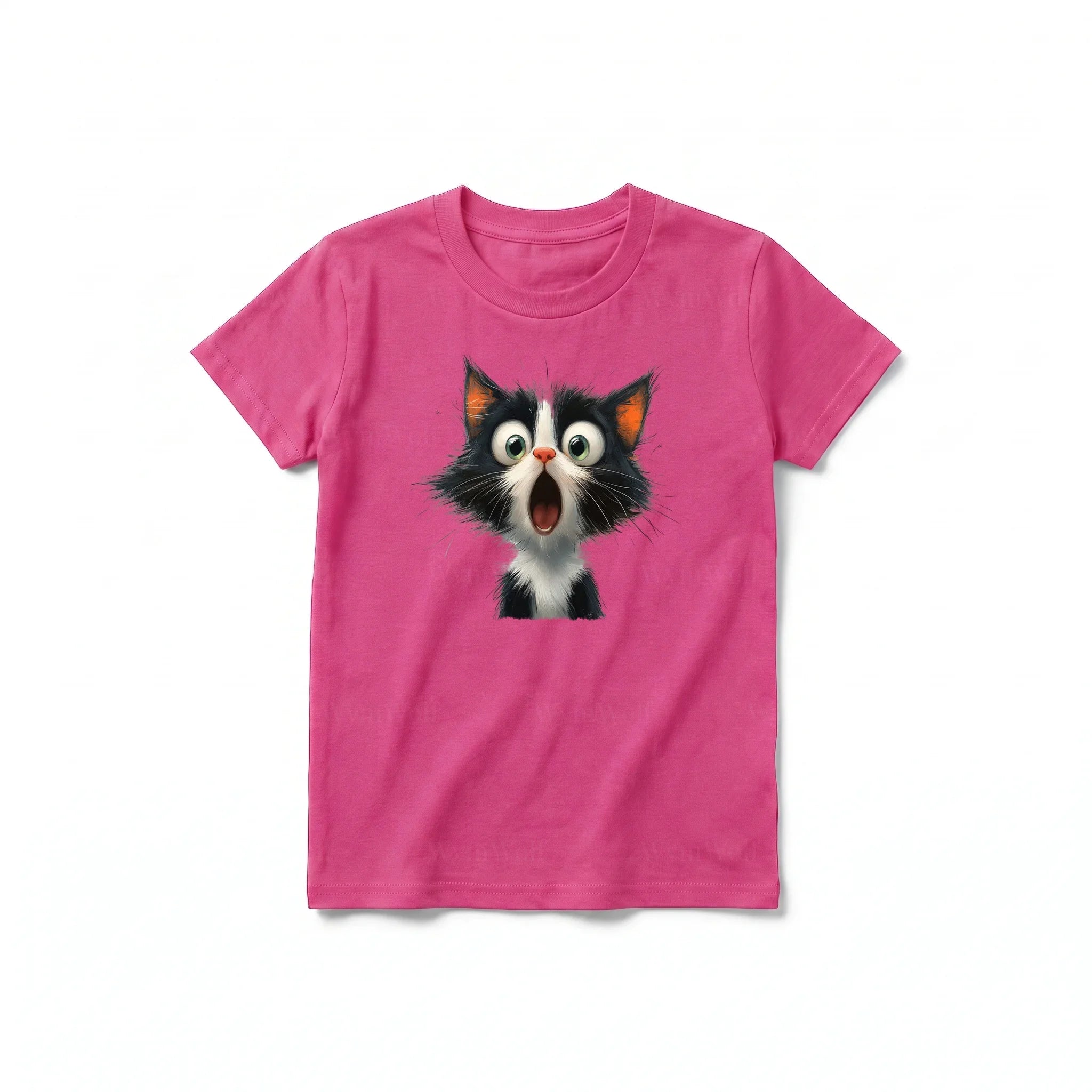 A raspberry short-sleeve crewneck t-shirt for youth featuring a graphic of a cat on the front.