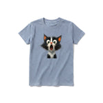 A steel-blue short-sleeve crewneck t-shirt for youth featuring a graphic of a cat on the front.