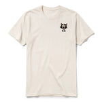 A vintage-white short-sleeve crewneck t-shirt for adult featuring a graphic of a cat on the left chest.