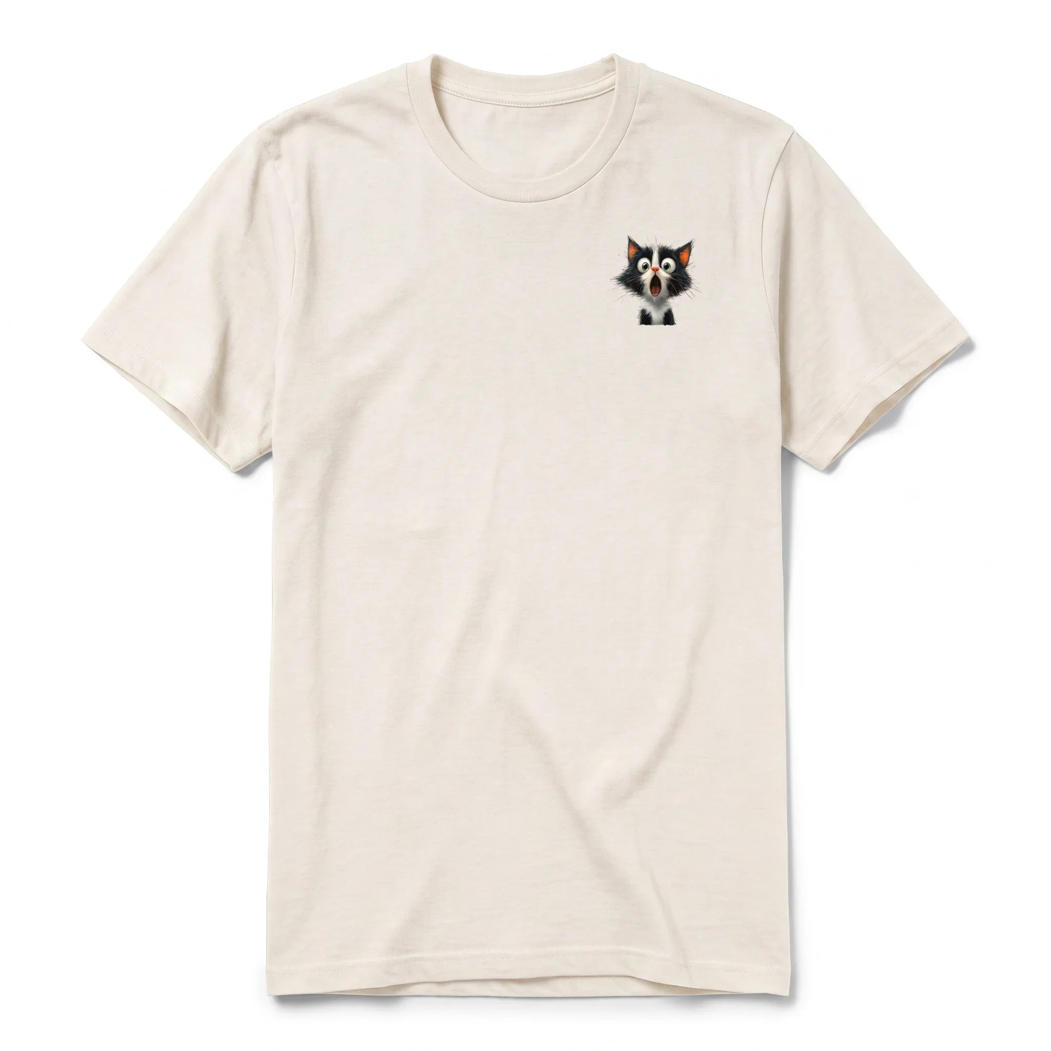 A vintage-white short-sleeve crewneck t-shirt for adult featuring a graphic of a cat on the left chest.