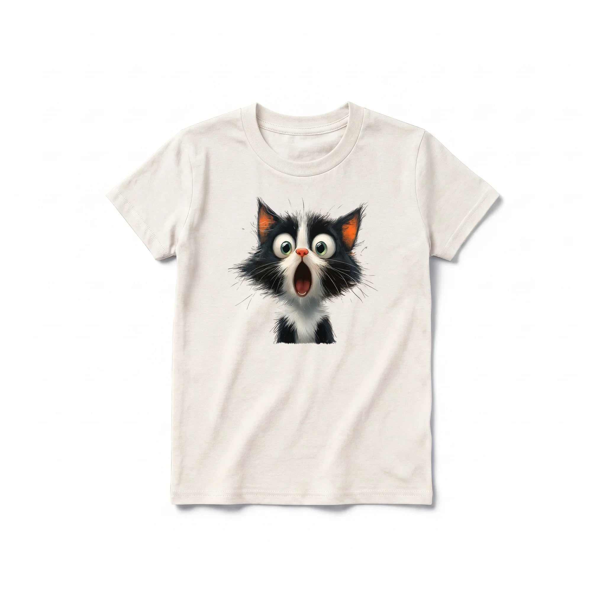 A vintage-white short-sleeve crewneck t-shirt for youth featuring a graphic of a cat on the front.