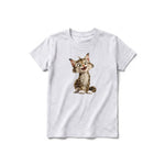Un T-shirt gris cendré à manches courtes et col rond pour jeune, orné d'un motif représentant un chat sur le devant.