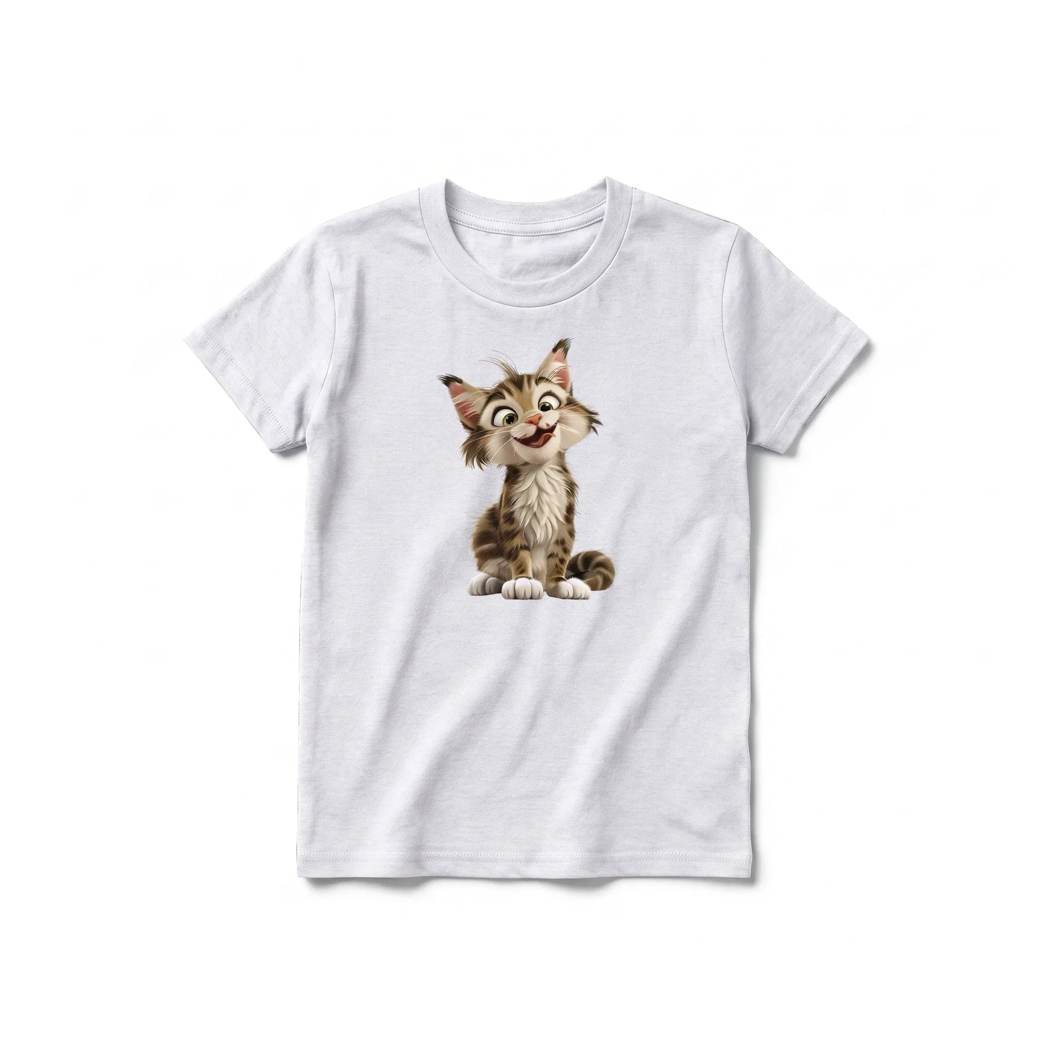 Un T-shirt gris cendré à manches courtes et col rond pour jeune, orné d'un motif représentant un chat sur le devant.
