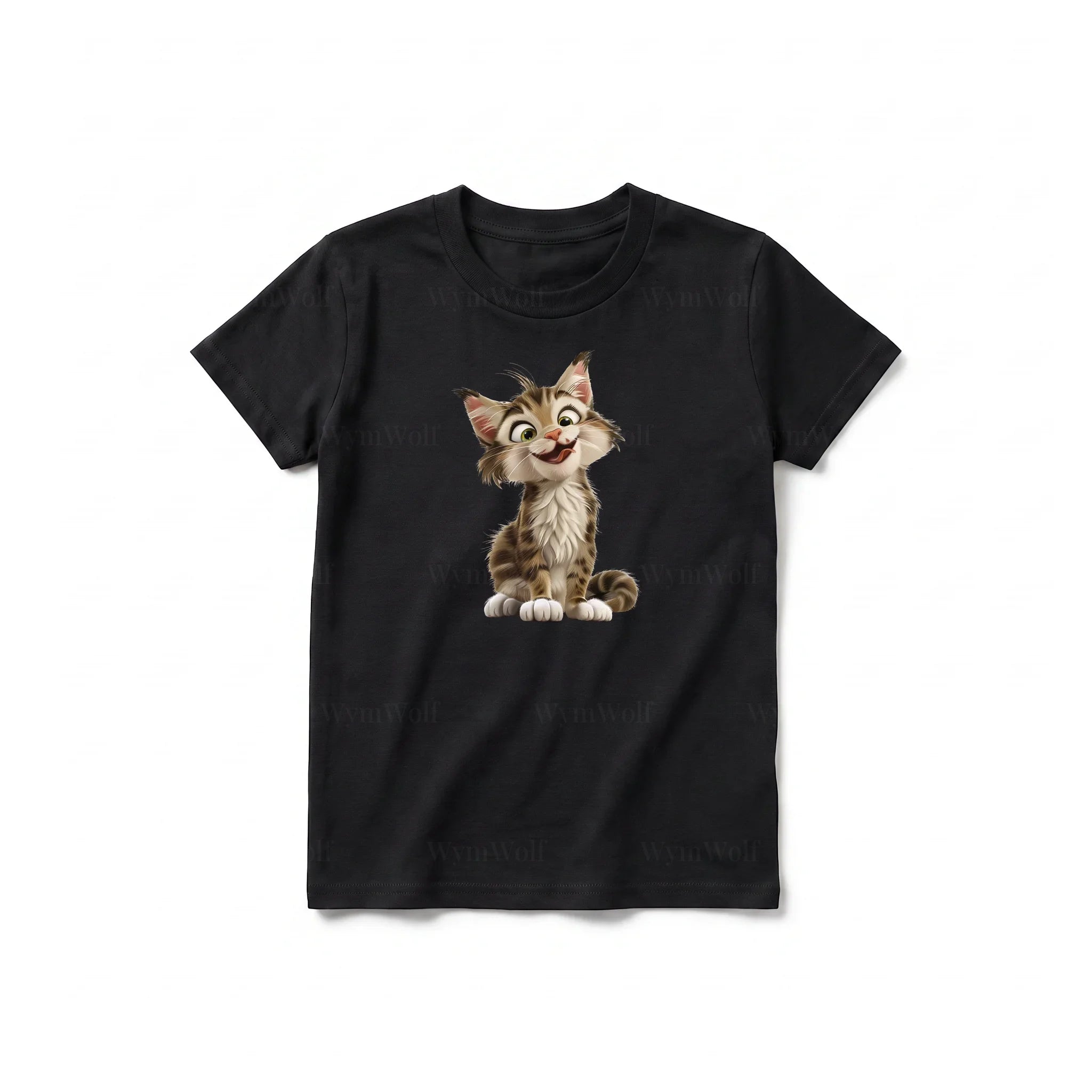 Un T-shirt noir à manches courtes et col rond pour jeune, orné d'un motif représentant un chat sur le devant.