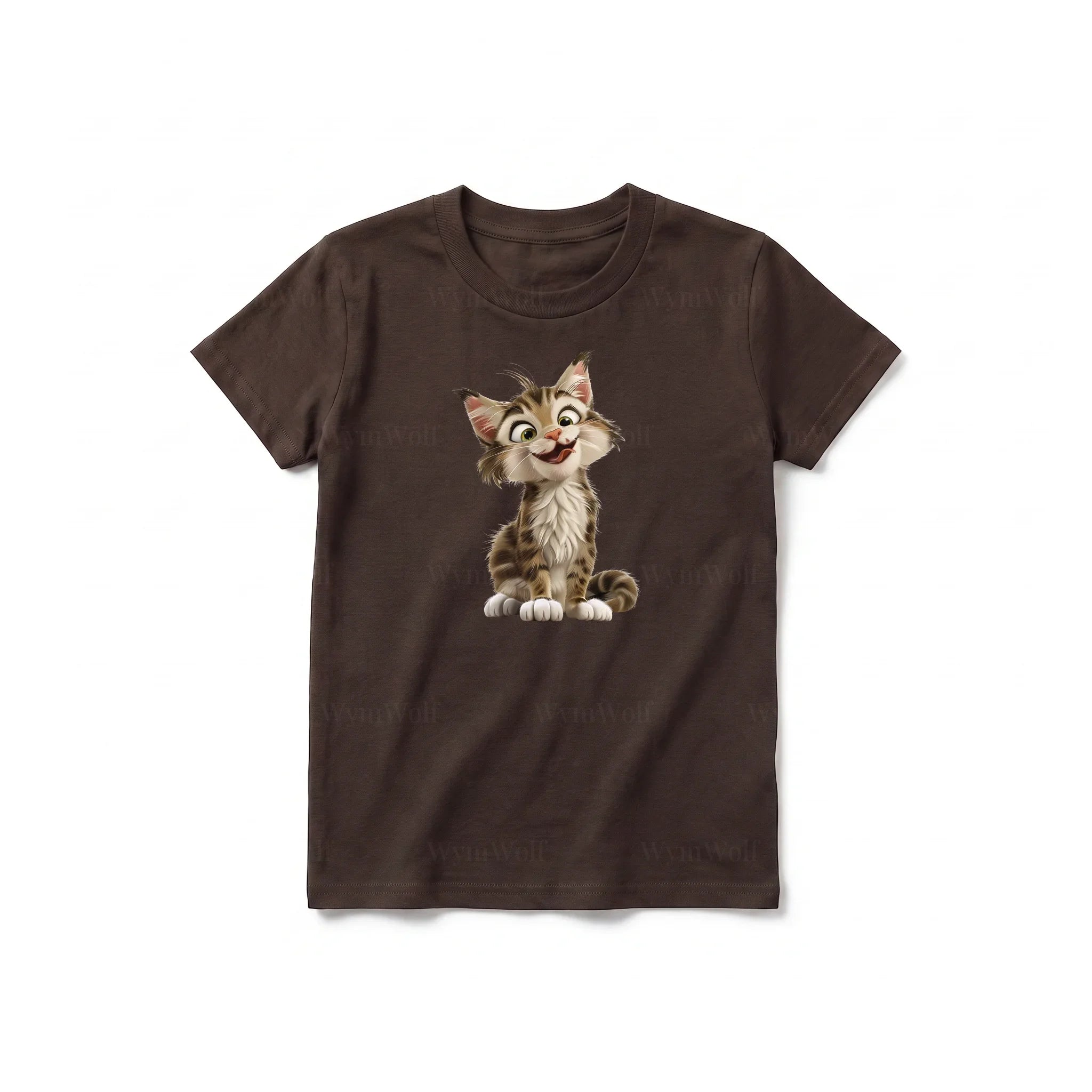 Un T-shirt chocolat à manches courtes et col rond pour jeune, orné d'un motif représentant un chat sur le devant.
