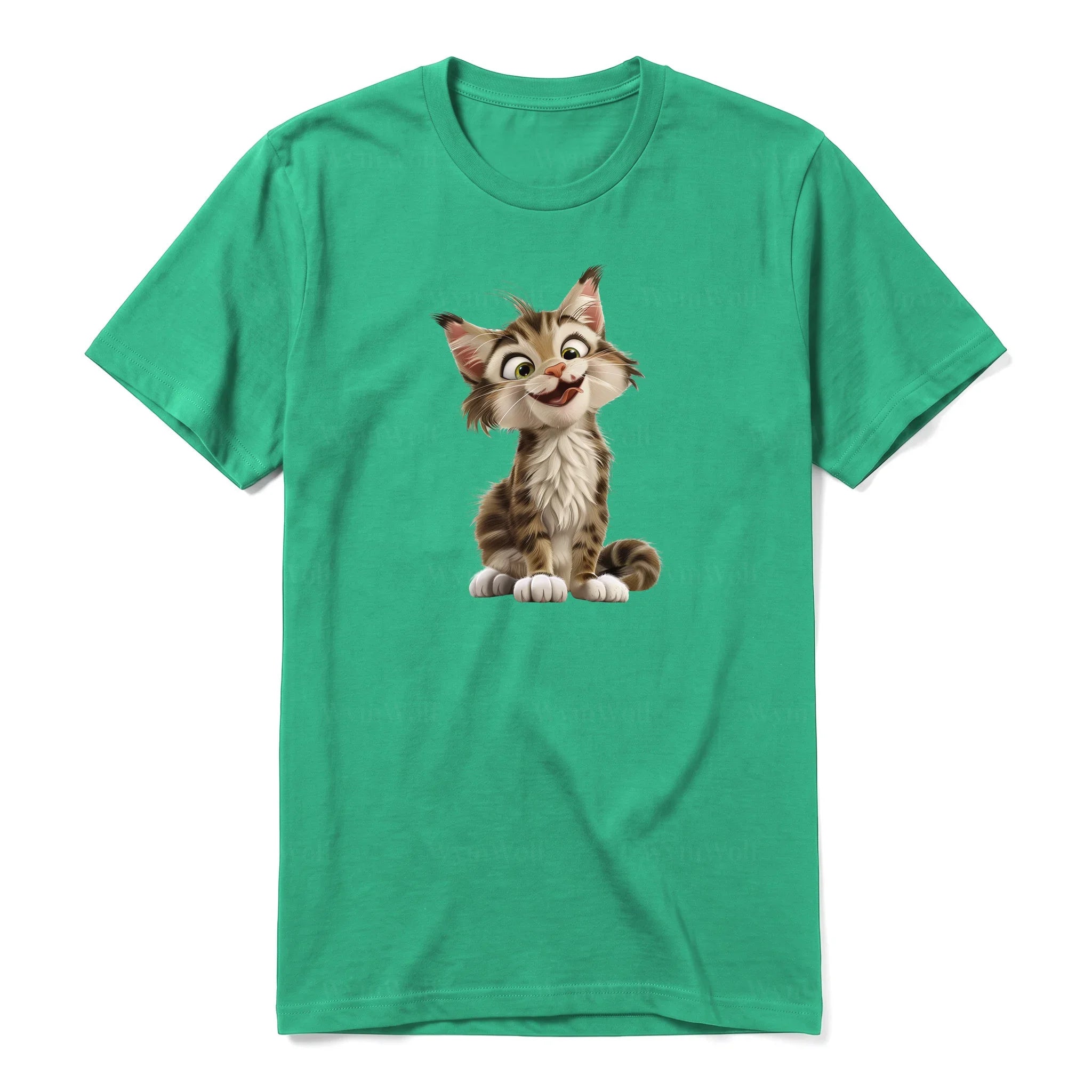 A kelly short-sleeve crewneck t-shirt for adult featuring a graphic of a cat on the front.