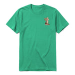 A kelly short-sleeve crewneck t-shirt for adult featuring a graphic of a cat on the left chest.