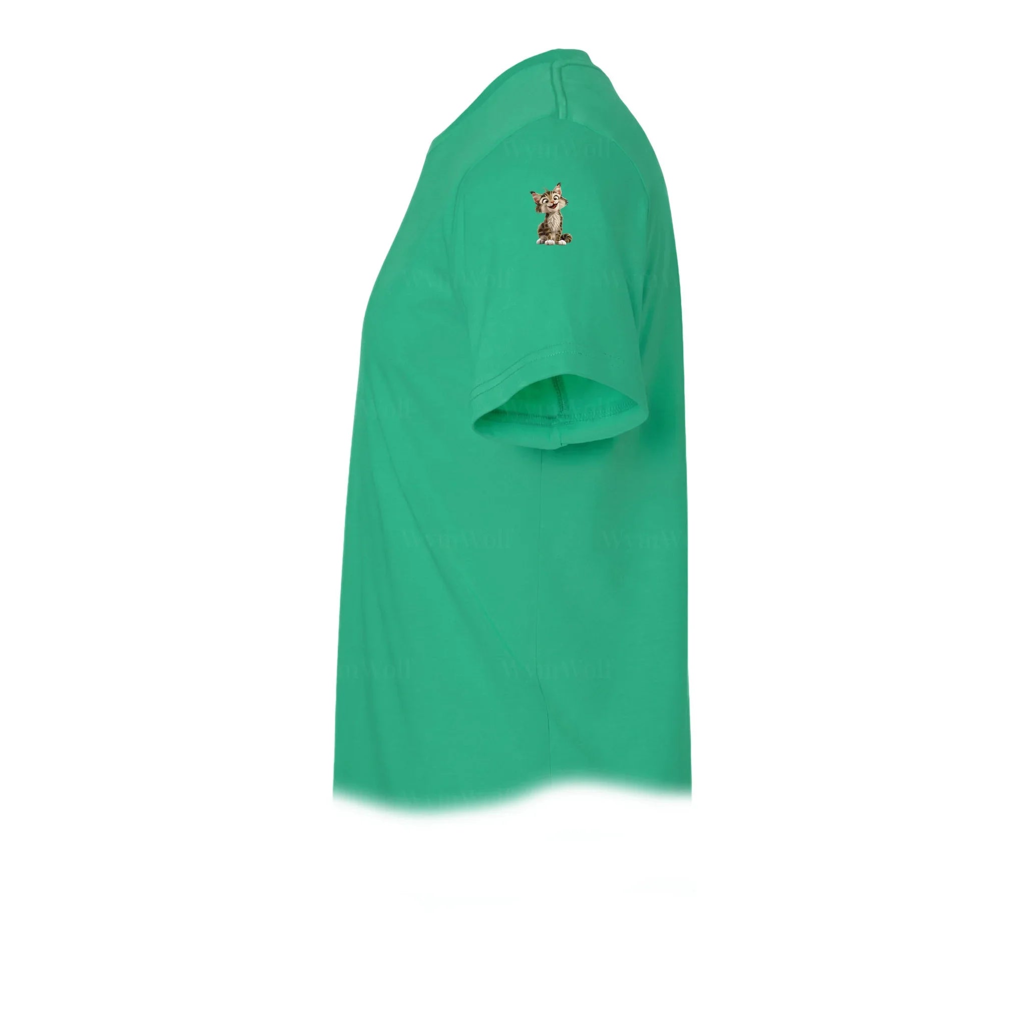 A kelly short-sleeve crewneck t-shirt  featuring a small graphic of a cat on the upper left sleeve.