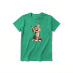 A kelly short-sleeve crewneck t-shirt for youth featuring a graphic of a cat on the front.