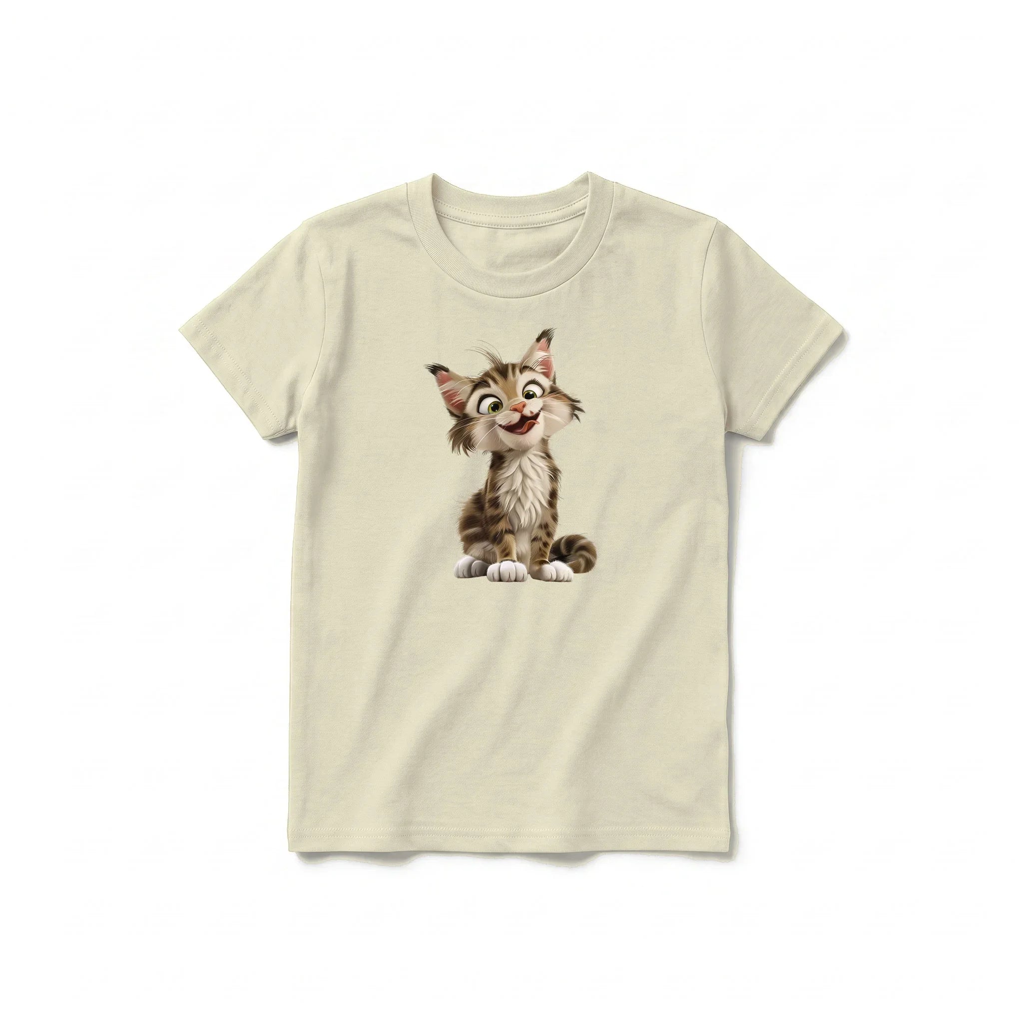 Un T-shirt latte à manches courtes et col rond pour jeune, orné d'un motif représentant un chat sur le devant.