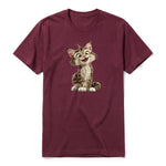 A maroon short-sleeve crewneck t-shirt for adult featuring a graphic of a cat on the front.