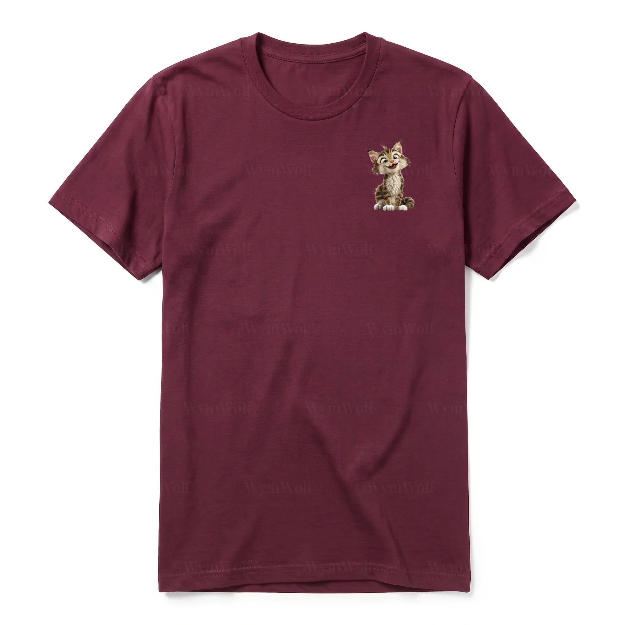 A maroon short-sleeve crewneck t-shirt for adult featuring a graphic of a cat on the left chest.