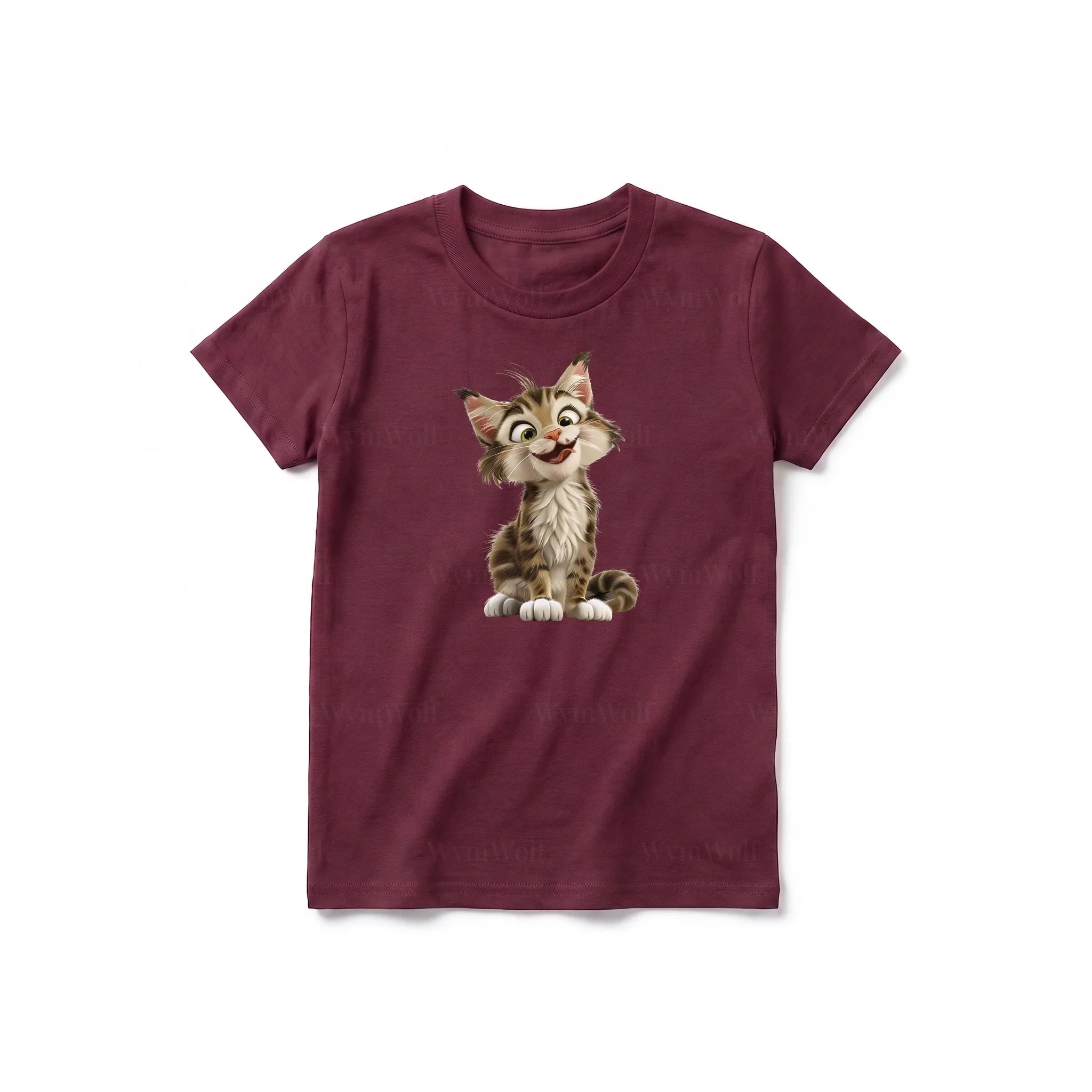 A maroon short-sleeve crewneck t-shirt for youth featuring a graphic of a cat on the front.