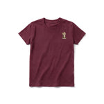 A maroon short-sleeve crewneck t-shirt for youth featuring a graphic of a cat on the left chest.