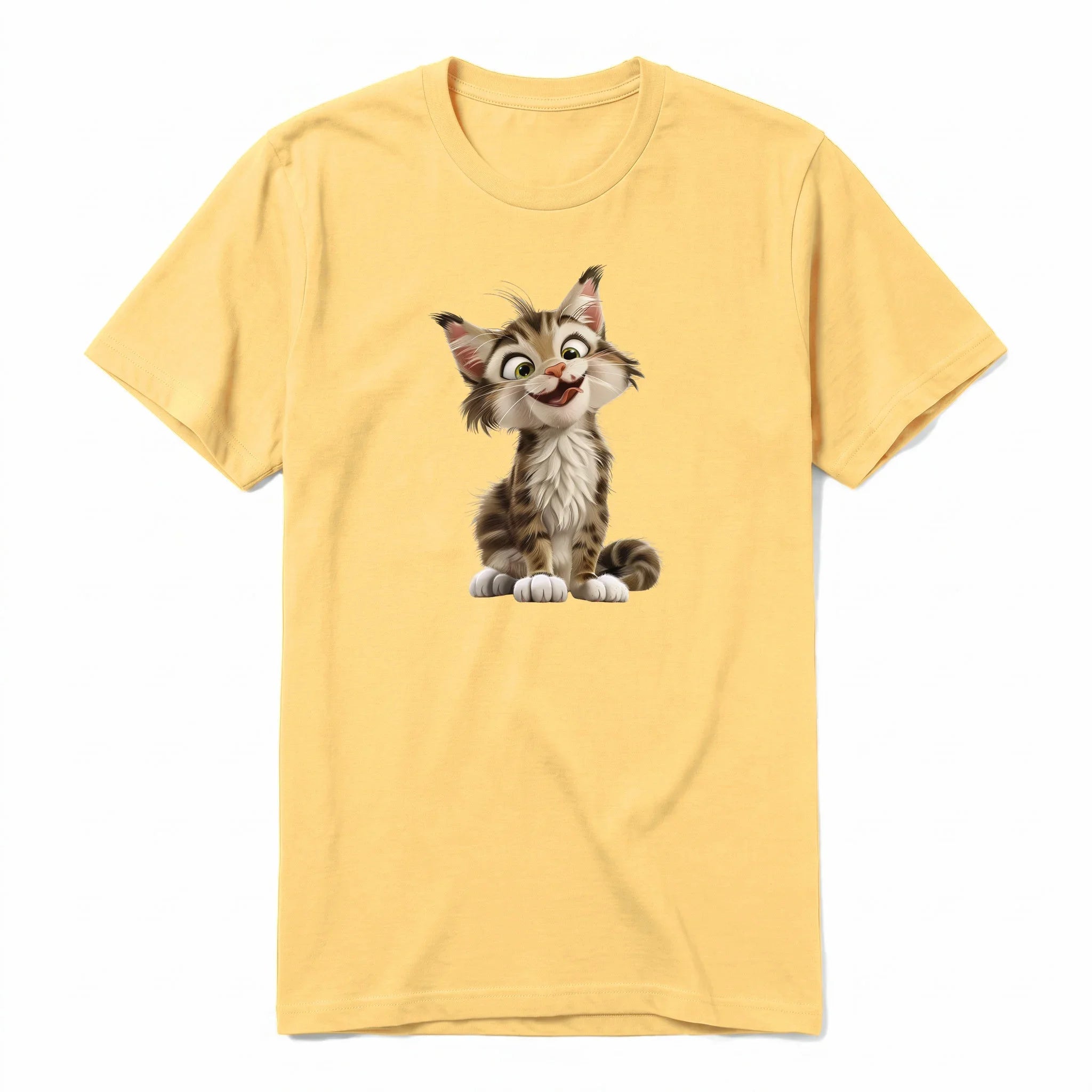 Un T-shirt moutarde à manches courtes et col rond, orné d'un motif représentant un chat sur le devant.
