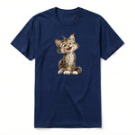 A navy short-sleeve crewneck t-shirt for adult featuring a graphic of a cat on the front.