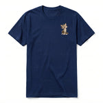 A navy short-sleeve crewneck t-shirt for adult featuring a graphic of a cat on the left chest.