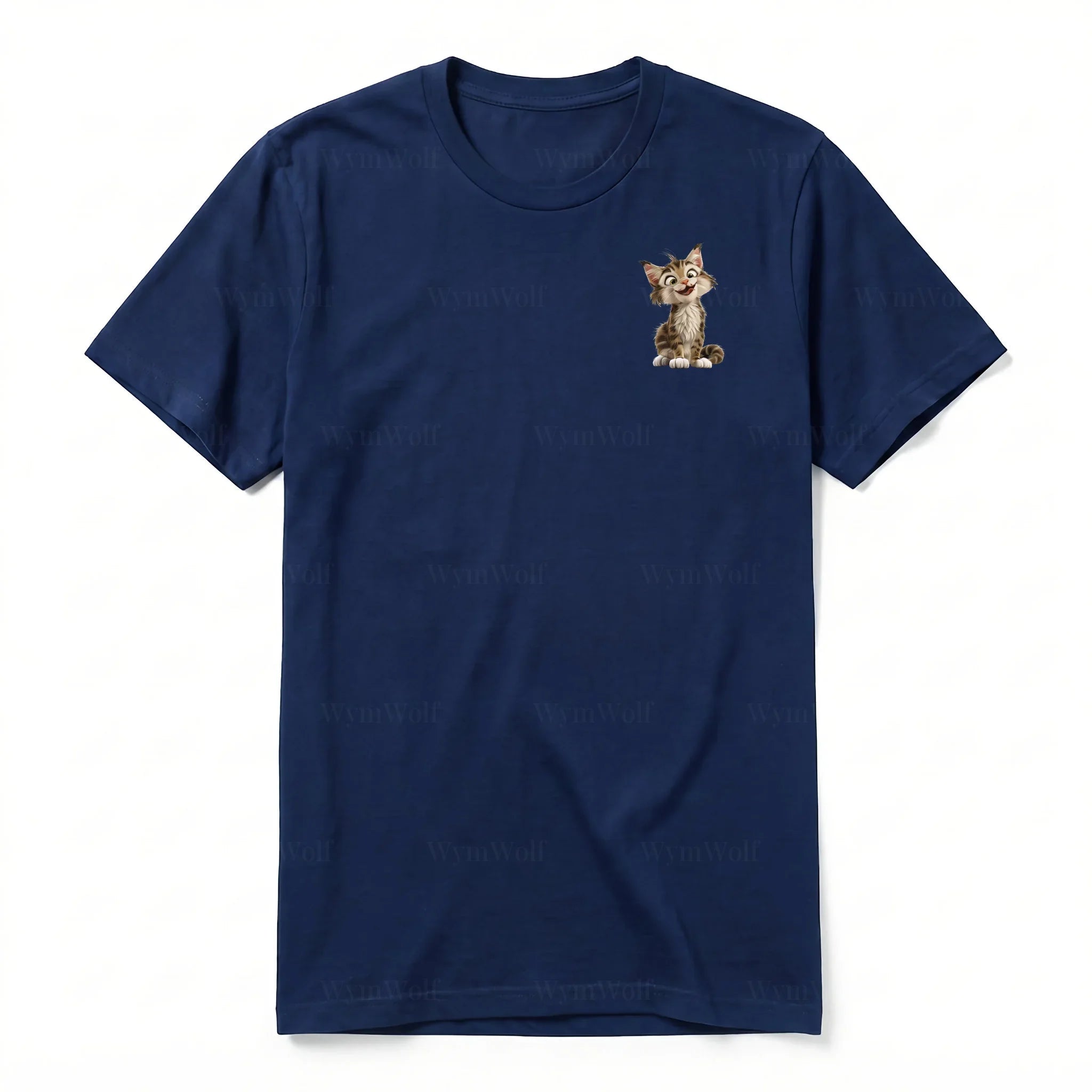 A navy short-sleeve crewneck t-shirt for adult featuring a graphic of a cat on the left chest.