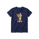 A navy short-sleeve crewneck t-shirt for youth featuring a graphic of a cat on the front.