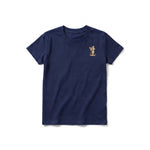 A navy short-sleeve crewneck t-shirt for youth featuring a graphic of a cat on the left chest.