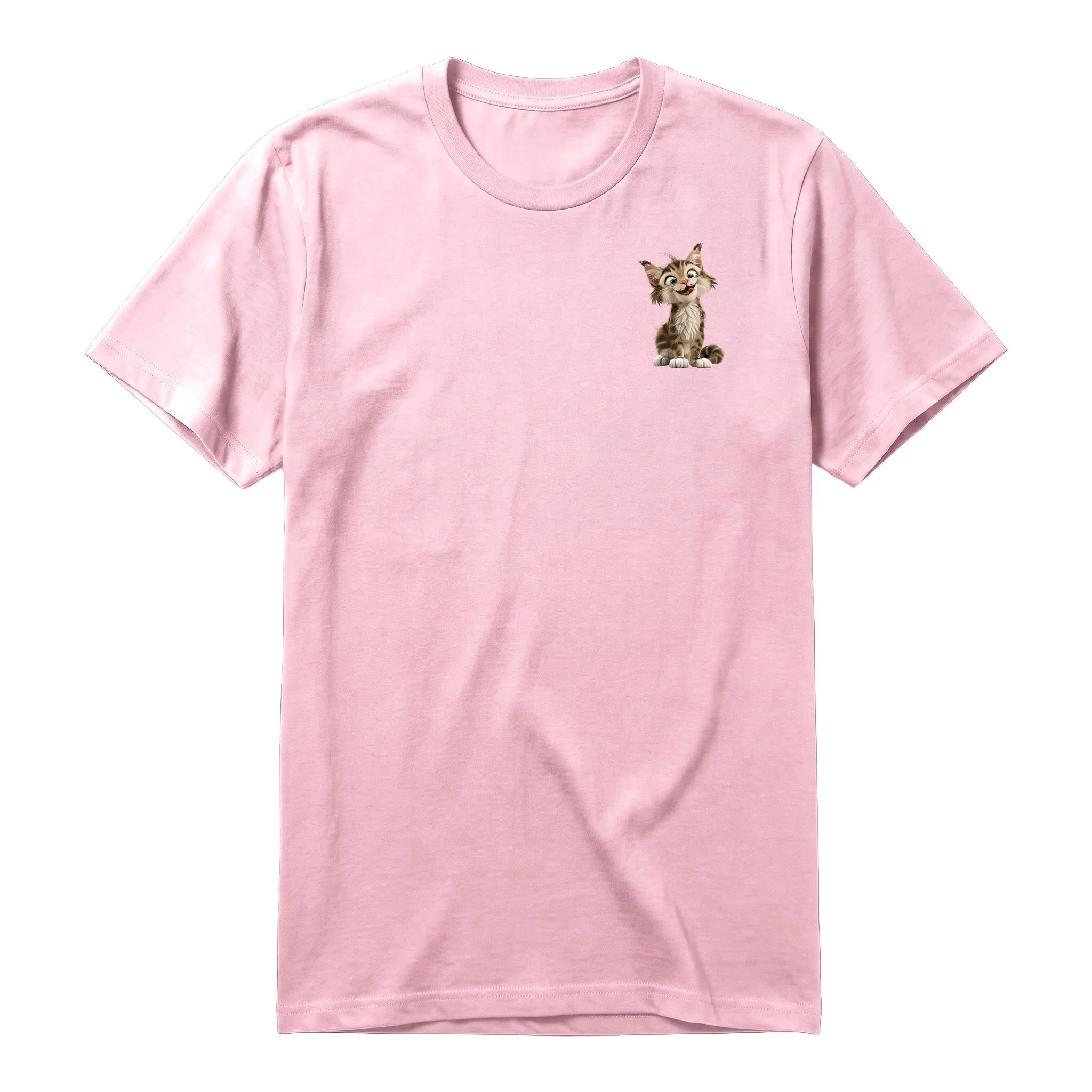 Un T-shirt rose à manches courtes et col rond, orné d'un motif représentant un chat sur la poitrine gauche.