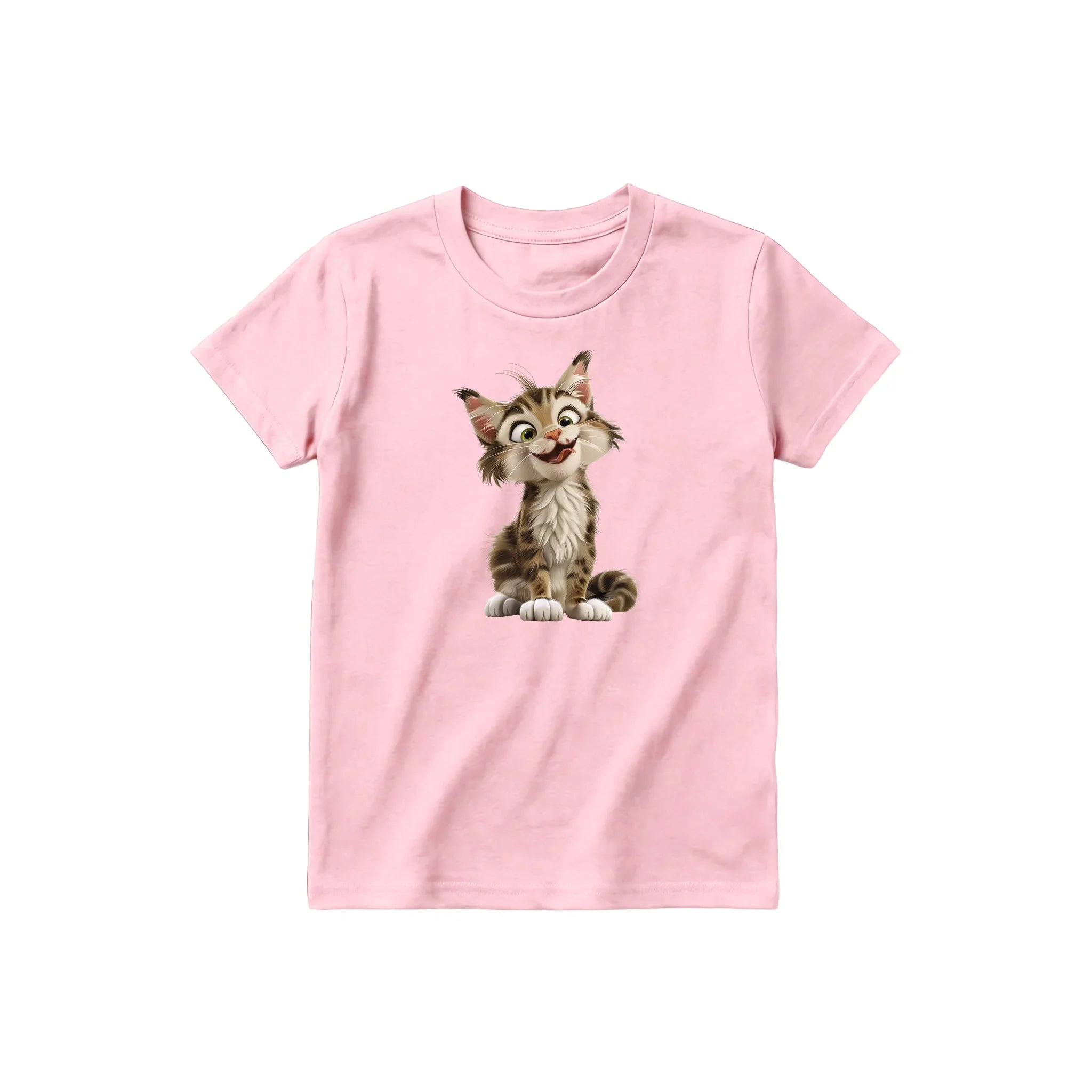 Un T-shirt rose à manches courtes et col rond pour jeune, orné d'un motif représentant un chat sur le devant.