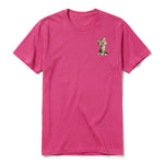 A raspberry short-sleeve crewneck t-shirt for adult featuring a graphic of a cat on the left chest.