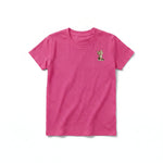 A raspberry short-sleeve crewneck t-shirt for youth featuring a graphic of a cat on the left chest.