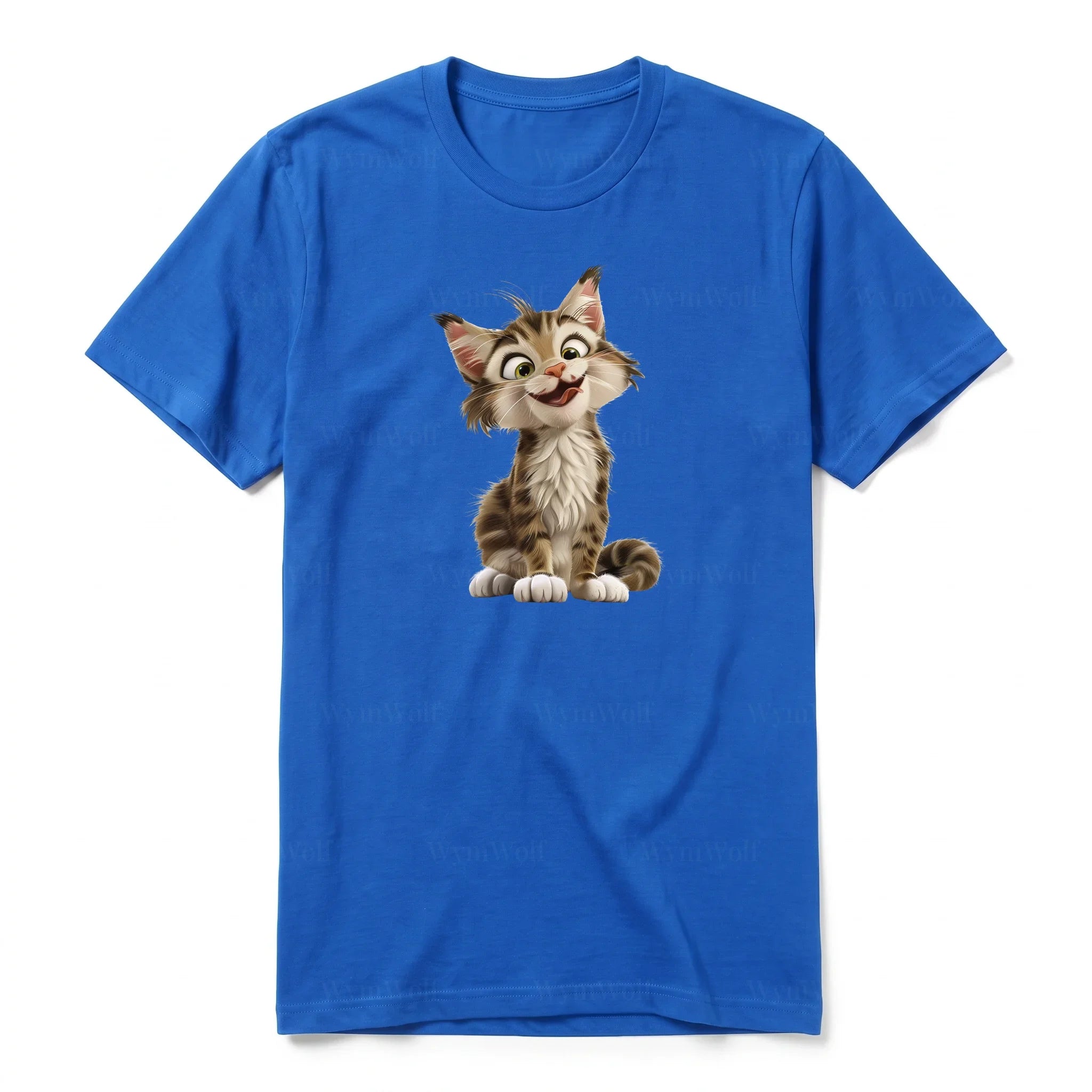Un T-shirt royal à manches courtes et col rond, orné d'un motif représentant un chat sur le devant.