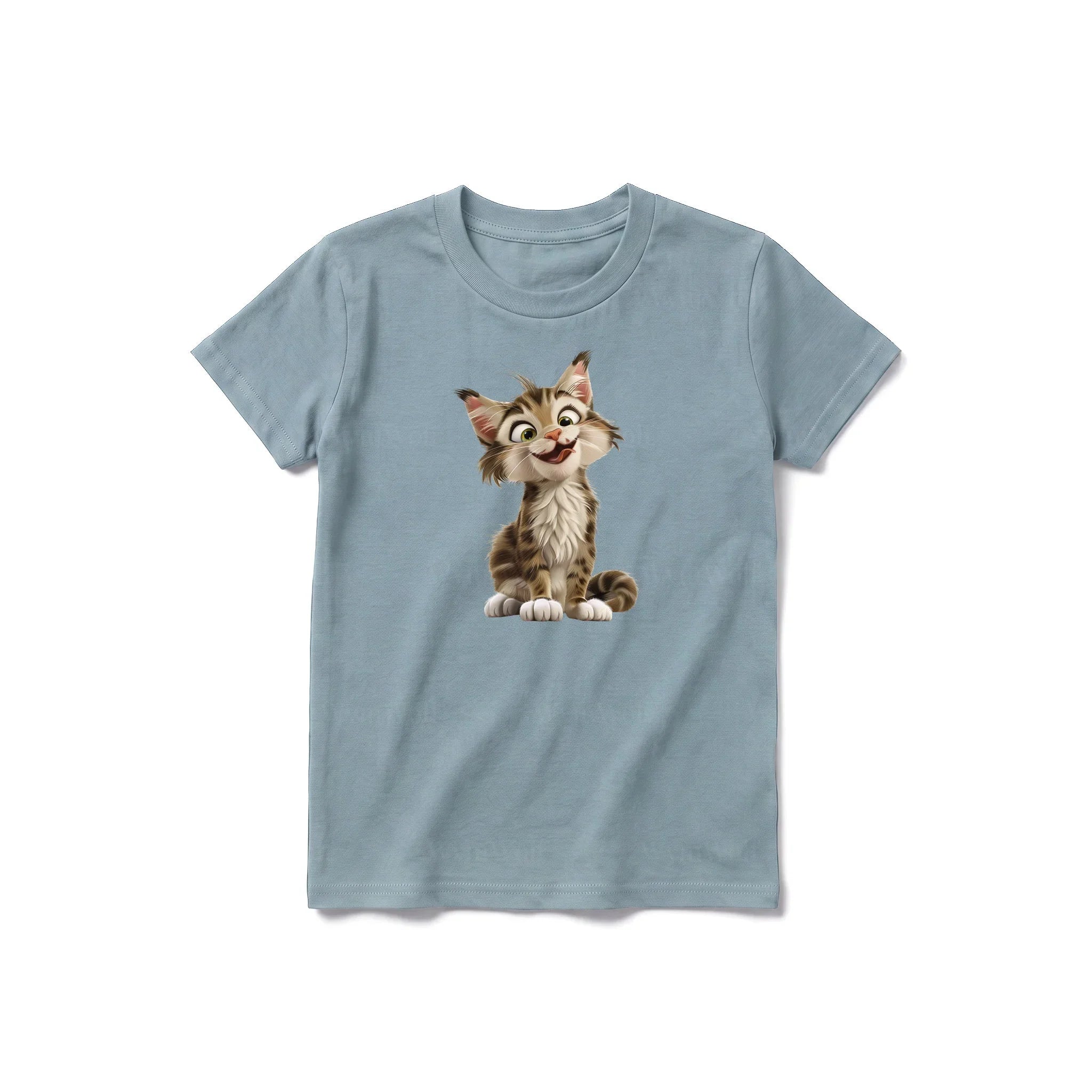 Un T-shirt sauge à manches courtes et col rond pour jeune, orné d'un motif représentant un chat sur le devant.
