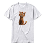 A ash grey short-sleeve crewneck t-shirt for adult featuring a graphic of a cat on the front.